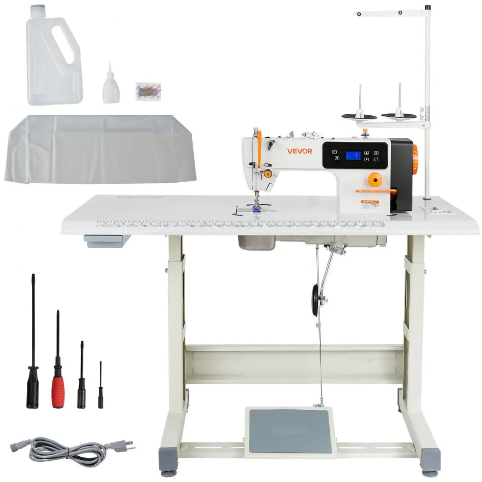 VEVOR Industrial Sewing Machine, 550W Lockstitch Sewing Machine Set with Servo Motor and Table Stand, 5000 SPM High Speed, Metal Frame, LCD Panel, LED Light, for Cotton, Wool, Denim, Leather, Canvas,The Table Stand and The Machine Head Are Shipped Separately.