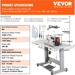 VEVOR Industrial Sewing Machine, 550W Servo Motor and Table Stand, 5000s.p.m Heavy-duty Lockstitch Sewing Machine, Clear Control Panel and Electro-mechanization Intelligent Start-stop for Easy Use