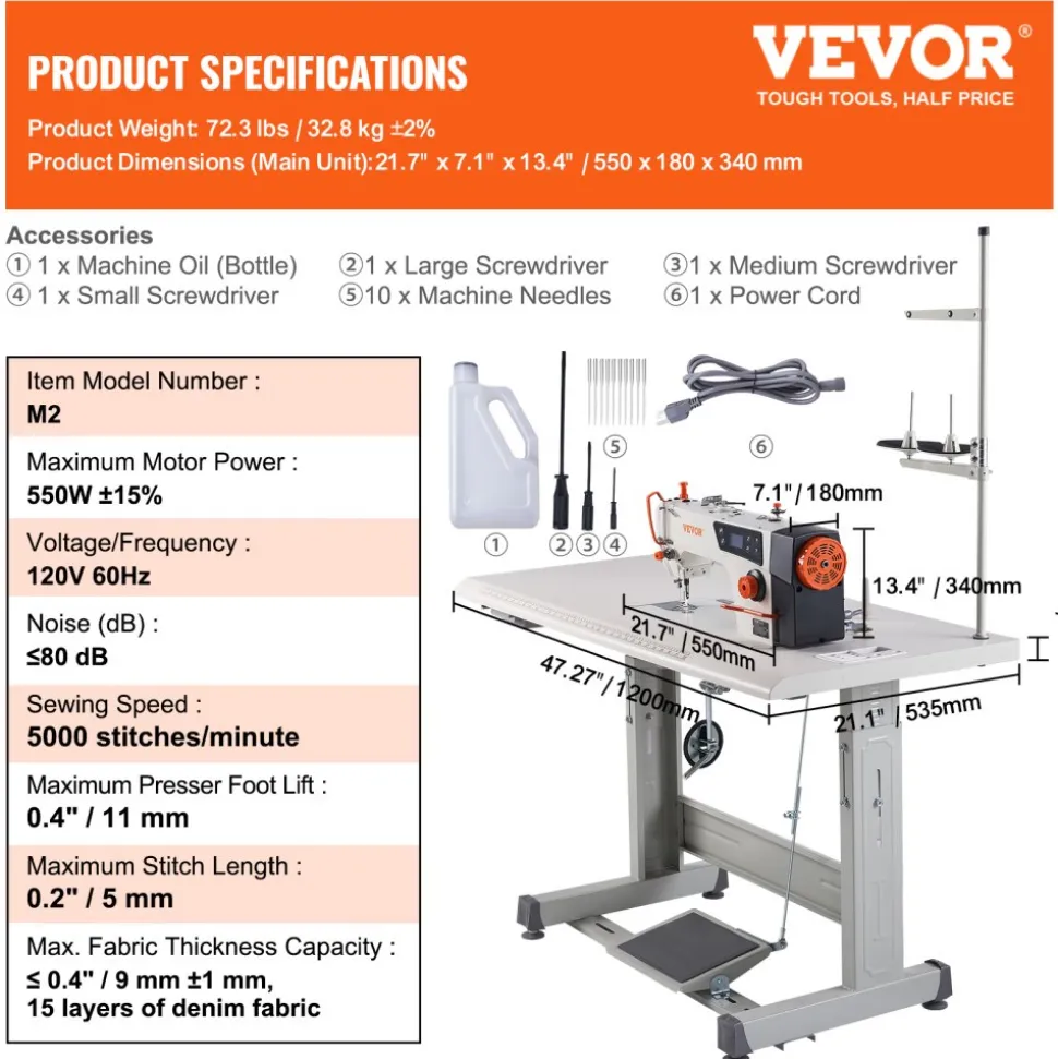 VEVOR Industrial Sewing Machine, 550W Servo Motor and Table Stand, 5000s.p.m Heavy-duty Lockstitch Sewing Machine, Clear Control Panel and Electro-mechanization Intelligent Start-stop for Easy Use