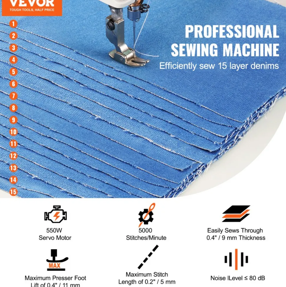 VEVOR Industrial Sewing Machine, 550W Servo Motor and Table Stand, 5000s.p.m Heavy-duty Lockstitch Sewing Machine, Clear Control Panel and Electro-mechanization Intelligent Start-stop for Easy Use