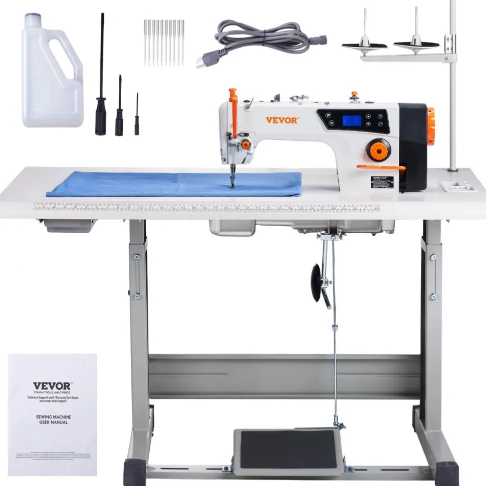 VEVOR Industrial Sewing Machine, 550W Servo Motor and Table Stand, 5000s.p.m Heavy-duty Lockstitch Sewing Machine, Clear Control Panel and Electro-mechanization Intelligent Start-stop for Easy Use