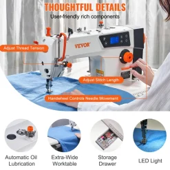 VEVOR Industrial Sewing Machine, Upgraded 550W Servo Motor with Table Stand, 5000s.p.m Heavy Duty Lockstitch Sewing Machine, High Speed, Clear Control Panel and Electro-mechanization Start-stop