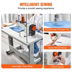 VEVOR Industrial Sewing Machine, Upgraded 550W Servo Motor with Table Stand, 5000s.p.m Heavy Duty Lockstitch Sewing Machine, High Speed, Clear Control Panel and Electro-mechanization Start-stop