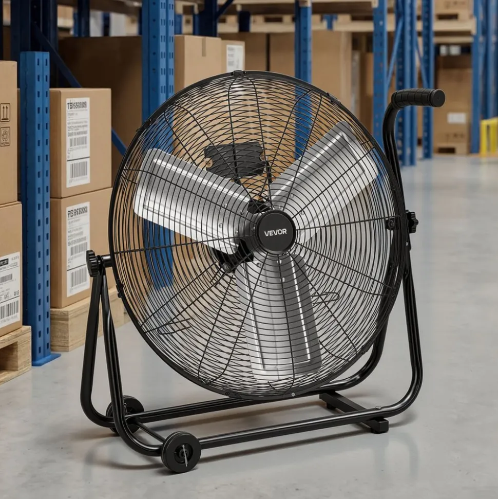 VEVOR Industrial Shop Fan, 24 Inch Floor Drum Fan, High Velocity 7500 CFM, Heavy Duty Aluminum Blades, 3 Speeds, 360 Degree Tilt, Ideal for Commercial, Garage, Warehouse, Basement, Workshop, Black