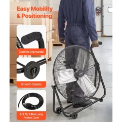 VEVOR Industrial Shop Fan, 24 Inch Floor Drum Fan, High Velocity 7500 CFM, Heavy Duty Aluminum Blades, 3 Speeds, 360 Degree Tilt, Ideal for Commercial, Garage, Warehouse, Basement, Workshop, Black