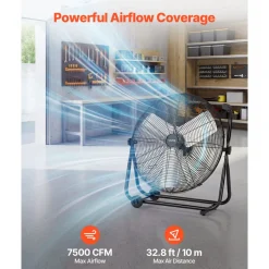 VEVOR Industrial Shop Fan, 24 Inch Floor Drum Fan, High Velocity 7500 CFM, Heavy Duty Aluminum Blades, 3 Speeds, 360 Degree Tilt, Ideal for Commercial, Garage, Warehouse, Basement, Workshop, Black