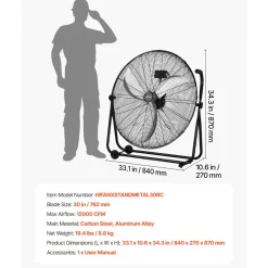 VEVOR Industrial Shop Fan, 30 Inch Floor Drum Fan, High Velocity 12000 CFM, Heavy Duty Aluminum Blades, 3 Speeds, 360 Degree Tilt, Ideal for Commercial, Garage, Warehouse, Basement, Workshop, Black
