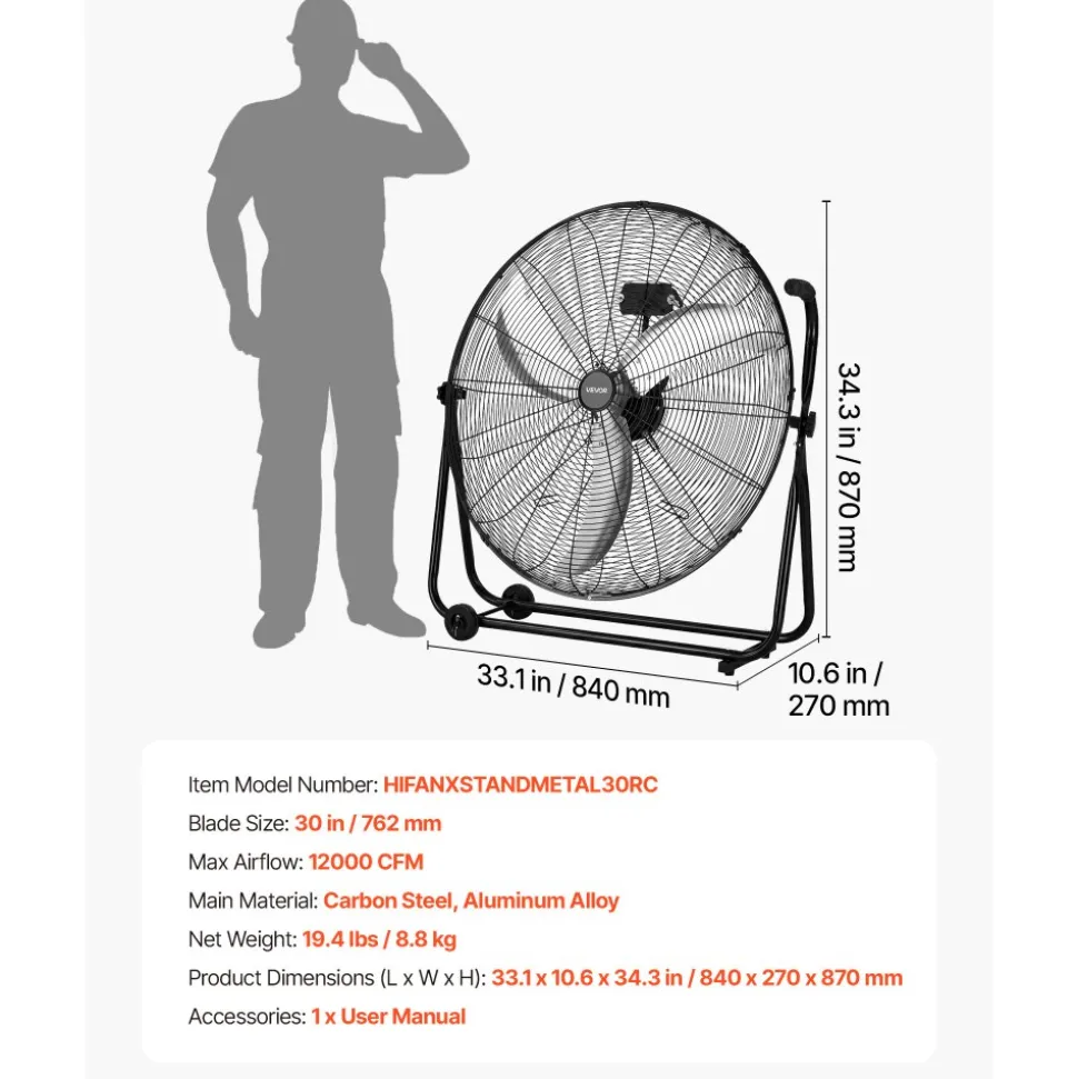 VEVOR Industrial Shop Fan, 30 Inch Floor Drum Fan, High Velocity 12000 CFM, Heavy Duty Aluminum Blades, 3 Speeds, 360 Degree Tilt, Ideal for Commercial, Garage, Warehouse, Basement, Workshop, Black