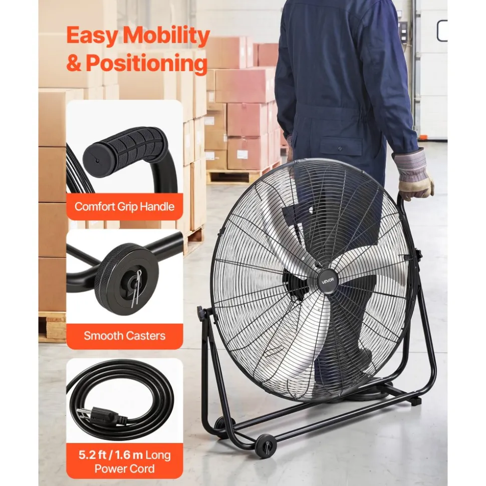 VEVOR Industrial Shop Fan, 30 Inch Floor Drum Fan, High Velocity 12000 CFM, Heavy Duty Aluminum Blades, 3 Speeds, 360 Degree Tilt, Ideal for Commercial, Garage, Warehouse, Basement, Workshop, Black