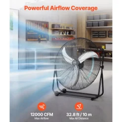 VEVOR Industrial Shop Fan, 30 Inch Floor Drum Fan, High Velocity 12000 CFM, Heavy Duty Aluminum Blades, 3 Speeds, 360 Degree Tilt, Ideal for Commercial, Garage, Warehouse, Basement, Workshop, Black
