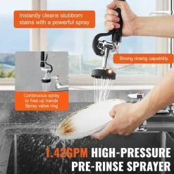 VEVOR Industrial Sink Faucet, 44" Tall, 8" Apart, 12" Rotating Spout, Wall Mounted, Brass Made with Extendable Sprayer, Fits Single/Triple Sinks