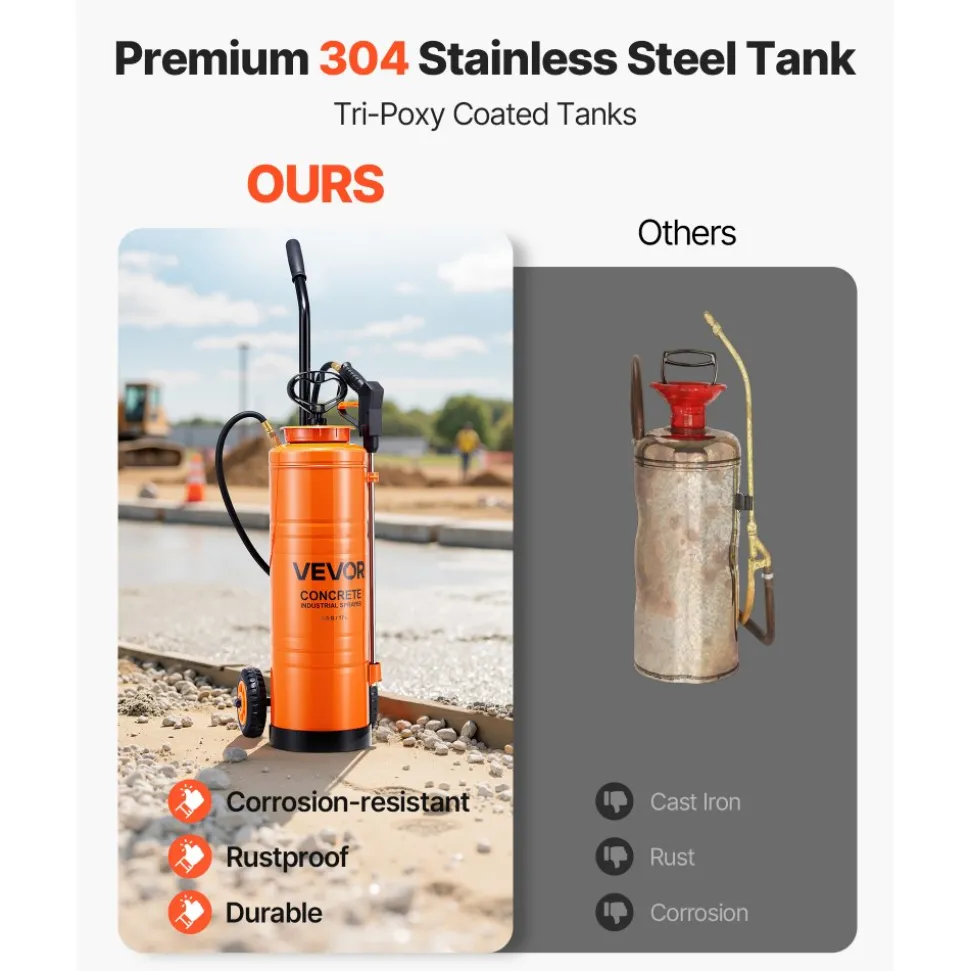 VEVOR Industrial Sprayer, 4.5 Gallons Large Capacity, Stainless Steel Concrete Sprayer with Ergonomic Handle & Removable Cart, 48" & 120" Hose, Concrete Sealer Sprayers for Form Oils Construction
