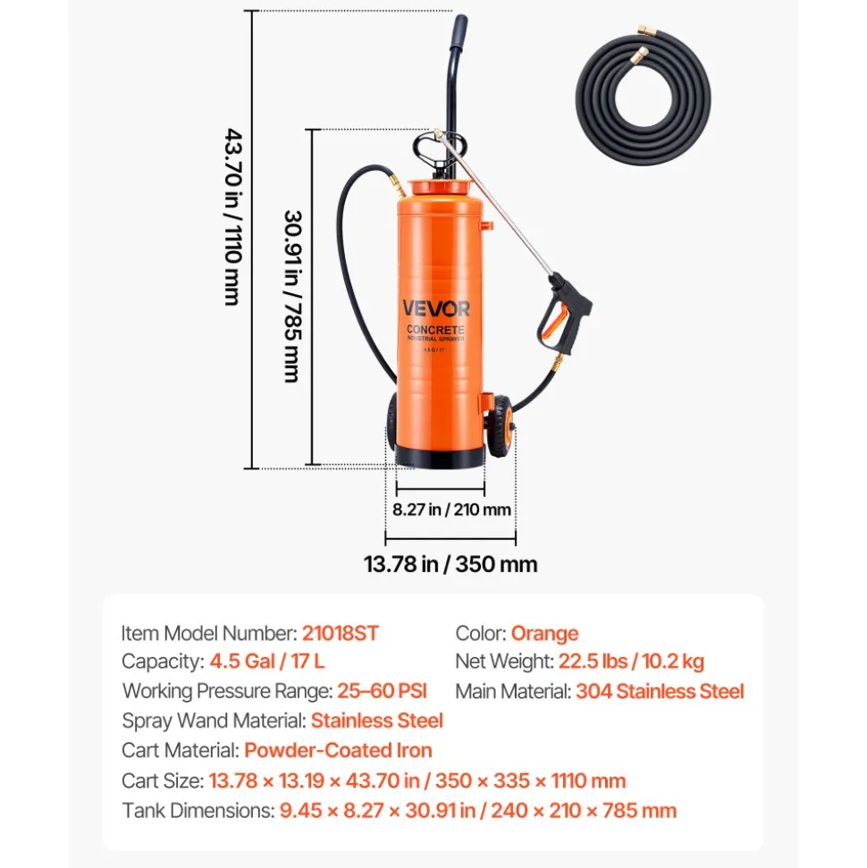 VEVOR Industrial Sprayer, 4.5 Gallons Large Capacity, Stainless Steel Concrete Sprayer with Ergonomic Handle & Removable Cart, 48" & 120" Hose, Concrete Sealer Sprayers for Form Oils Construction