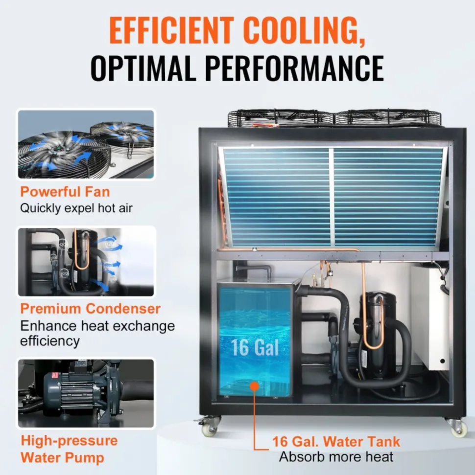 VEVOR Industrial Water Chiller, 6HP 16 Gal Air-Cooled Industrial Water Chiller, 15,100 Kcal/h Cooling Capacity with Finned Condenser Micro-Computer Control 60L Water Tank, for Cooling Water