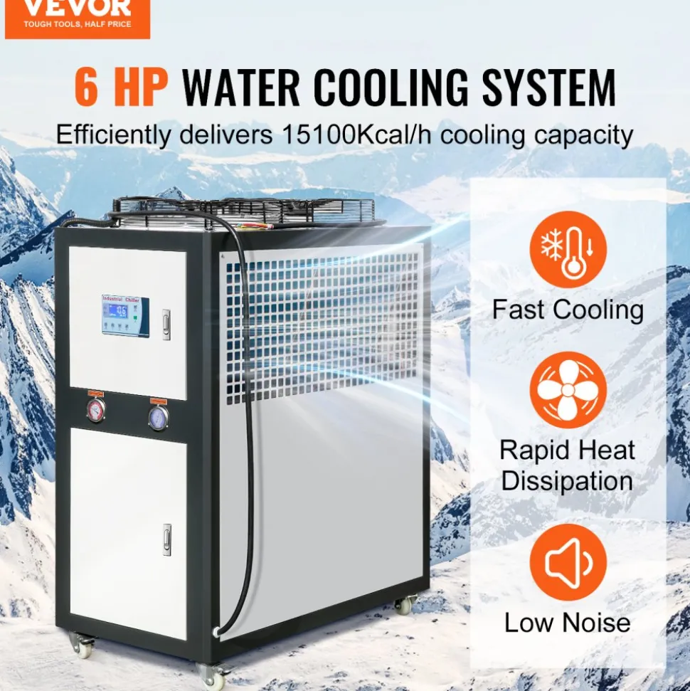 VEVOR Industrial Water Chiller, 6HP 16 Gal Air-Cooled Industrial Water Chiller, 15,100 Kcal/h Cooling Capacity with Finned Condenser Micro-Computer Control 60L Water Tank, for Cooling Water
