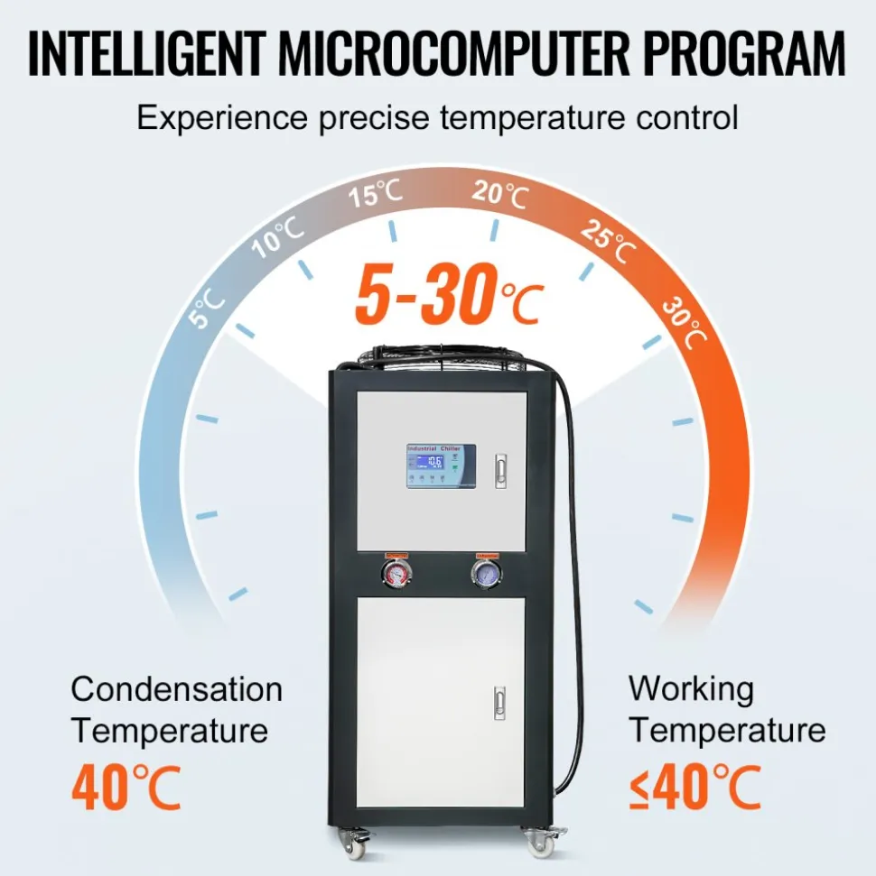 VEVOR Industrial Water Chiller, 6HP 16 Gal Air-Cooled Industrial Water Chiller, 15,100 Kcal/h Cooling Capacity with Finned Condenser Micro-Computer Control 60L Water Tank, for Cooling Water