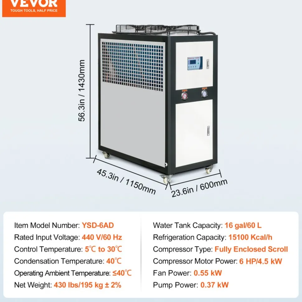 VEVOR Industrial Water Chiller, 6HP 16 Gal Air-Cooled Industrial Water Chiller, 15,100 Kcal/h Cooling Capacity with Finned Condenser Micro-Computer Control 60L Water Tank, for Cooling Water