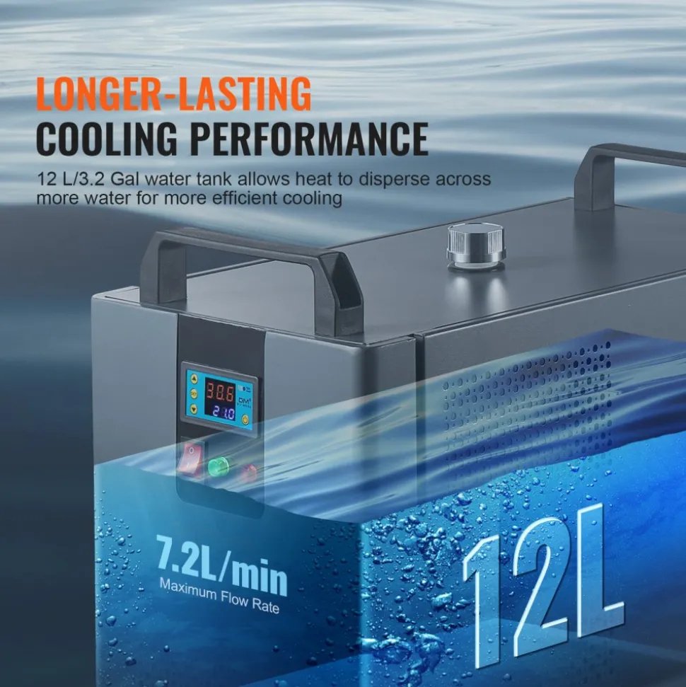 VEVOR Industrial Water Chiller, KH-6000, 200W Industrial Water Cooler Cooling System with Compressor 12 L Water Tank Capacity 7.8 L/min Max Flow Rate, for CO2 Laser Engraving Machine Cooling Machine