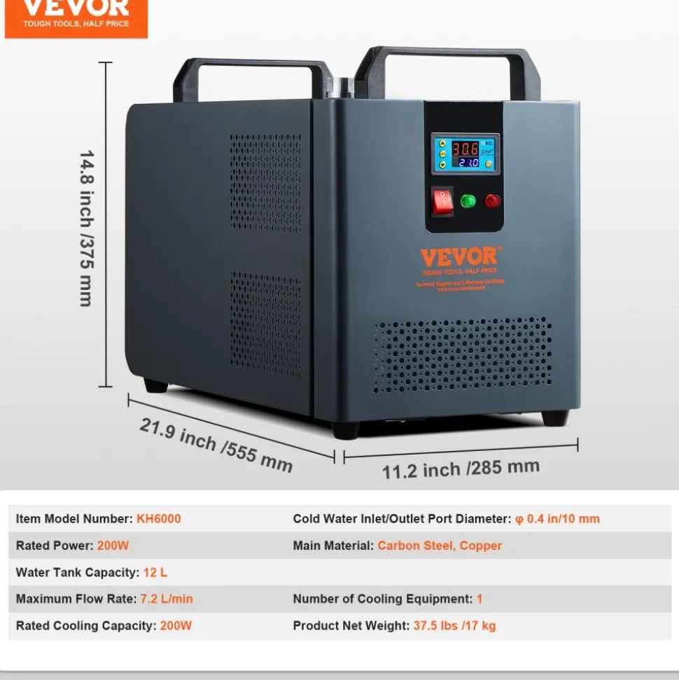 VEVOR Industrial Water Chiller, KH-6000, 200W Industrial Water Cooler Cooling System with Compressor 12 L Water Tank Capacity 7.8 L/min Max Flow Rate, for CO2 Laser Engraving Machine Cooling Machine