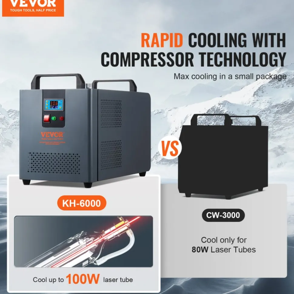 VEVOR Industrial Water Chiller, KH-6000, 200W Industrial Water Cooler Cooling System with Compressor 12 L Water Tank Capacity 7.8 L/min Max Flow Rate, for CO2 Laser Engraving Machine Cooling Machine
