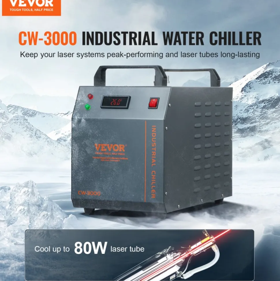VEVOR Industrial Water Chiller, CW-3000, 80W Air-Cooled Industrial Water Cooler Cooling System with 12 L Water Tank Capacity 12 L/min Maximum Flow Rate, for Laser Engraving Machine Cooling Machine
