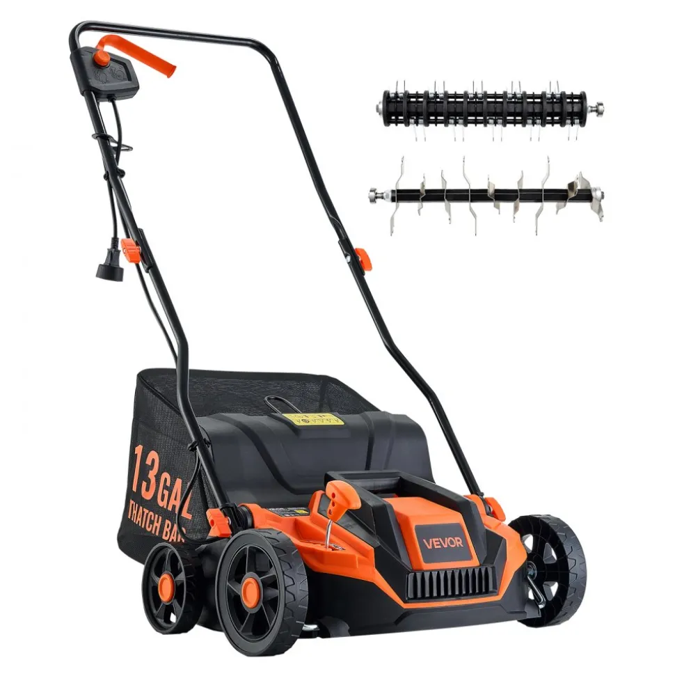 VEVOR 2-in-1 Electric Dethatcher and Scarifier, 13-Inch 13 Amp, Corded Lawn Dethatcher with 13-Gallon Thatch Collection Bag, 5-Position Depth Adjustment, Walk Behind Machine for Garden Yard Grass