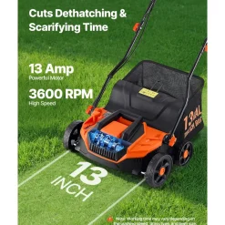 VEVOR 2-in-1 Electric Dethatcher and Scarifier, 13-Inch 13 Amp, Corded Lawn Dethatcher with 13-Gallon Thatch Collection Bag, 5-Position Depth Adjustment, Walk Behind Machine for Garden Yard Grass