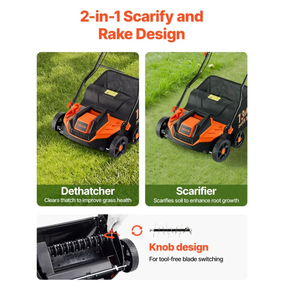 VEVOR 2-in-1 Electric Dethatcher and Scarifier, 13-Inch 13 Amp, Corded Lawn Dethatcher with 13-Gallon Thatch Collection Bag, 5-Position Depth Adjustment, Walk Behind Machine for Garden Yard Grass