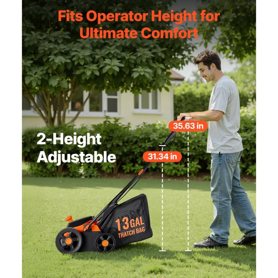 VEVOR 2-in-1 Electric Dethatcher and Scarifier, 13-Inch 13 Amp, Corded Lawn Dethatcher with 13-Gallon Thatch Collection Bag, 5-Position Depth Adjustment, Walk Behind Machine for Garden Yard Grass
