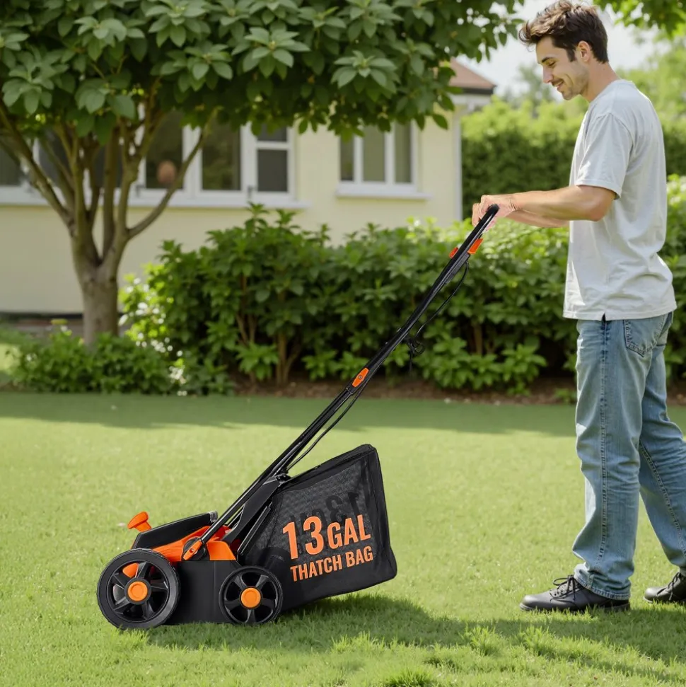 VEVOR 2-in-1 Electric Dethatcher and Scarifier, 13-Inch 13 Amp, Corded Lawn Dethatcher with 13-Gallon Thatch Collection Bag, 5-Position Depth Adjustment, Walk Behind Machine for Garden Yard Grass