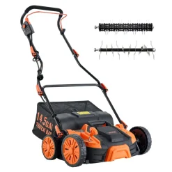 VEVOR 2-in-1 Electric Dethatcher and Scarifier, 16-Inch 15 Amp, Corded Lawn Dethatcher with 14.5-Gallon Thatch Collection Bag, 5-Position Depth Adjustment, Walk Behind Machine for Garden Yard Grass