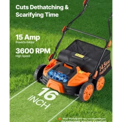 VEVOR 2-in-1 Electric Dethatcher and Scarifier, 16-Inch 15 Amp, Corded Lawn Dethatcher with 14.5-Gallon Thatch Collection Bag, 5-Position Depth Adjustment, Walk Behind Machine for Garden Yard Grass
