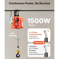 VEVOR 3-in-1 Electric Hoist Winch, 1100 lbs Capacity, 1500W Portable Electric Power Winch, 25 ft Lifting Height, 16.4 ft/min with Manual, Wired & Wireless Remote Control for Factory, Warehouss, Garage
