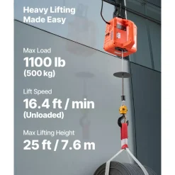 VEVOR 3-in-1 Electric Hoist Winch, 1100 lbs Capacity, 1500W Portable Electric Power Winch, 25 ft Lifting Height, 16.4 ft/min with Manual, Wired & Wireless Remote Control for Factory, Warehouss, Garage