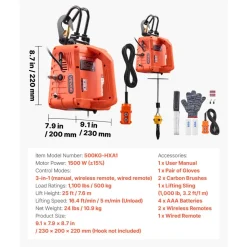 VEVOR 3-in-1 Electric Hoist Winch, 1100 lbs Capacity, 1500W Portable Electric Power Winch, 25 ft Lifting Height, 16.4 ft/min with Manual, Wired & Wireless Remote Control for Factory, Warehouss, Garage