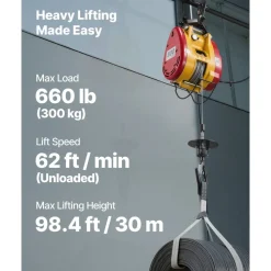 VEVOR 2-in-1 Electric Hoist Winch, 660 lbs Capacity, 1500W Portable Power Winch Crane, 98.4 ft Lifting Height, 62 ft/min with Wired and Wireless Remote Control for Factory, Warehouss, Garage