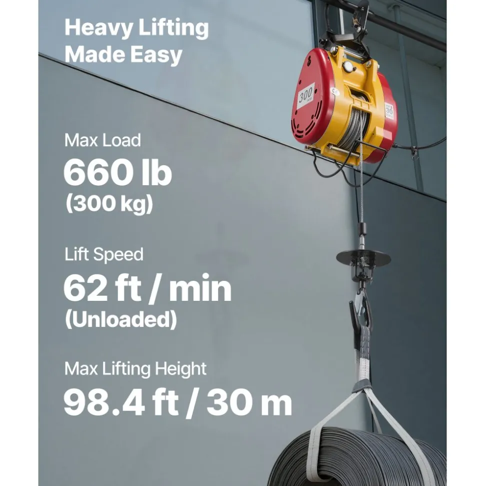 VEVOR 2-in-1 Electric Hoist Winch, 660 lbs Capacity, 1500W Portable Power Winch Crane, 98.4 ft Lifting Height, 62 ft/min with Wired and Wireless Remote Control for Factory, Warehouss, Garage