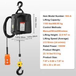 VEVOR 3-in-1 Electric Hoist Winch, 1550 lbs Capacity, 1500W Portable Power Winch Crane, 25 ft Lifting Height, 16.4 ft/min with Manual, Wired and Wireless Remote Control for Factory, Warehouss, Garage
