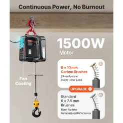 VEVOR 2-in-1 Electric Hoist Winch, 1100 lbs Capacity, 1500W Portable Power Winch Crane, 25 ft Lifting Height, 16.4 ft/min with Manual and Wired Remote Control for Factory, Warehouss, Garage