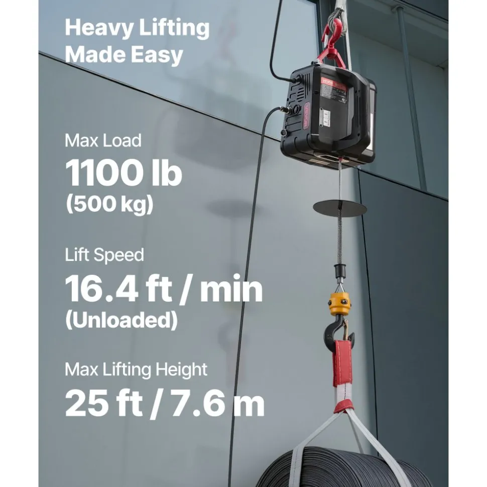 VEVOR 2-in-1 Electric Hoist Winch, 1100 lbs Capacity, 1500W Portable Power Winch Crane, 25 ft Lifting Height, 16.4 ft/min with Manual and Wired Remote Control for Factory, Warehouss, Garage