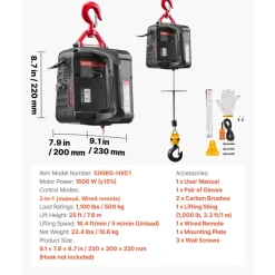 VEVOR 2-in-1 Electric Hoist Winch, 1100 lbs Capacity, 1500W Portable Power Winch Crane, 25 ft Lifting Height, 16.4 ft/min with Manual and Wired Remote Control for Factory, Warehouss, Garage