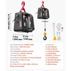 VEVOR 2-in-1 Electric Hoist Winch, 1100 lbs Capacity, 1500W Portable Power Winch Crane, 25 ft Lifting Height, 16.4 ft/min with Manual and Wireless Remote Control for Factory, Warehouss, Garage