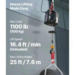 VEVOR 2-in-1 Electric Hoist Winch, 1100 lbs Capacity, 1500W Portable Power Winch Crane, 25 ft Lifting Height, 16.4 ft/min with Manual and Wireless Remote Control for Factory, Warehouss, Garage