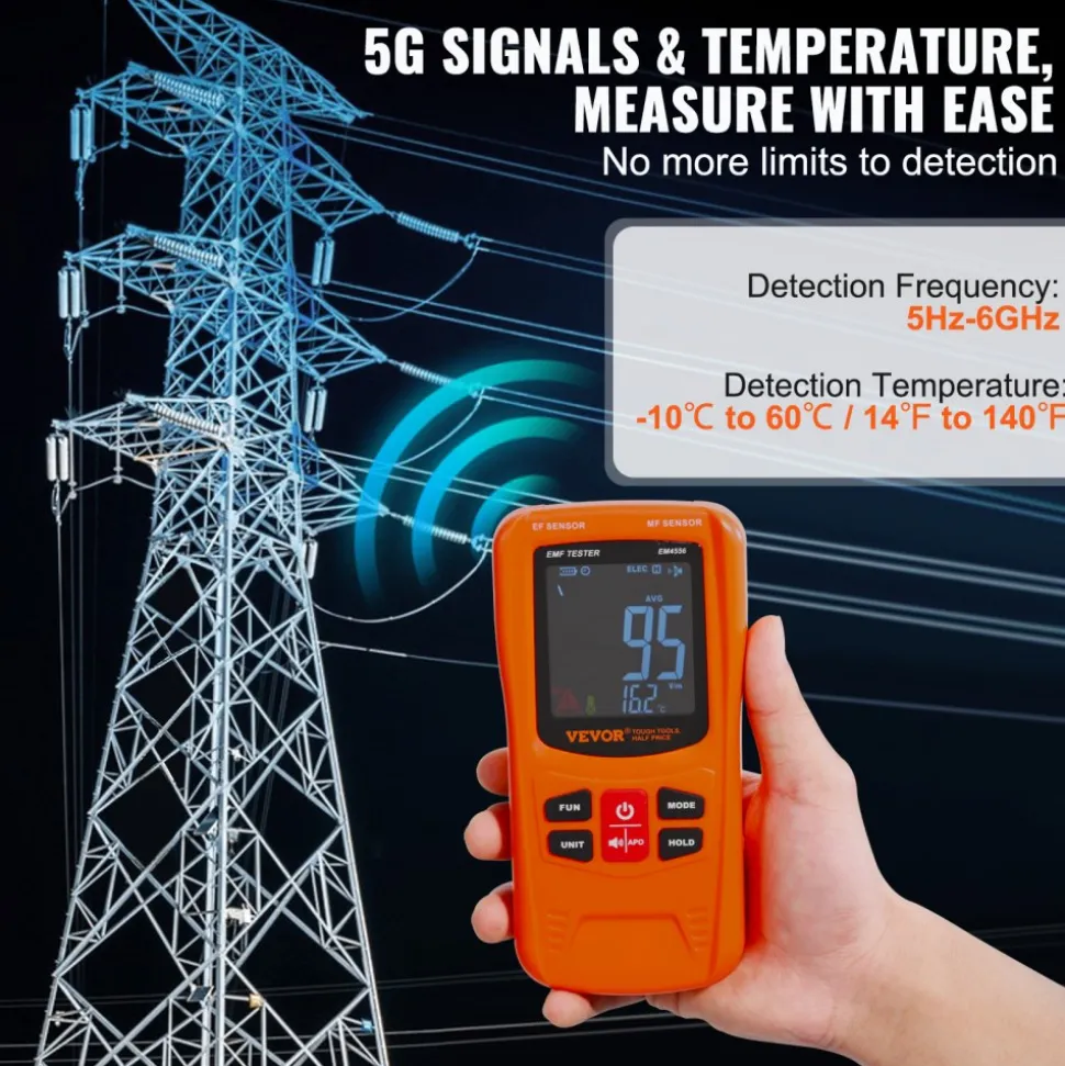 VEVOR 3-in-1 EMF Meter, 5Hz-6GHz, Handheld Rechargeable Electromagnetic Field Radiation Detector, Digital LCD EMF Tester for EF MF RF Home Inspections Outdoor Ghost Hunting 5G Cell Tower Temperature