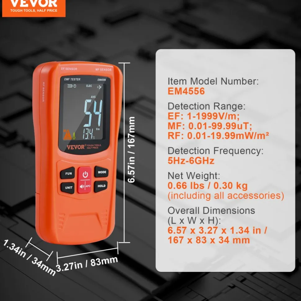 VEVOR 3-in-1 EMF Meter, 5Hz-6GHz, Handheld Rechargeable Electromagnetic Field Radiation Detector, Digital LCD EMF Tester for EF MF RF Home Inspections Outdoor Ghost Hunting 5G Cell Tower Temperature