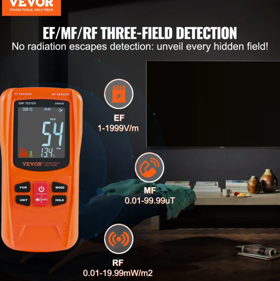 VEVOR 3-in-1 EMF Meter, 5Hz-6GHz, Handheld Rechargeable Electromagnetic Field Radiation Detector, Digital LCD EMF Tester for EF MF RF Home Inspections Outdoor Ghost Hunting 5G Cell Tower Temperature
