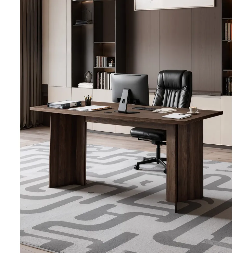 VEVOR 63 in Executive Desk, Large Modern Rectangle Office Table, Heavy Duty Wooden Executive Table with Cable Connection Hole, 250 LBS Load Capacity, Easy Assembly, for Work Study Writing, Walnut