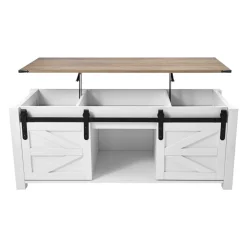 VEVOR 47.2 in Farmhouse Lift Top Coffee Table, Rustic Center Table with Barn Door and Hidden Storage Compartment, Modern Rectangle Lifting Tabletop for Living Room, Office, Home, Easy Assembly, White