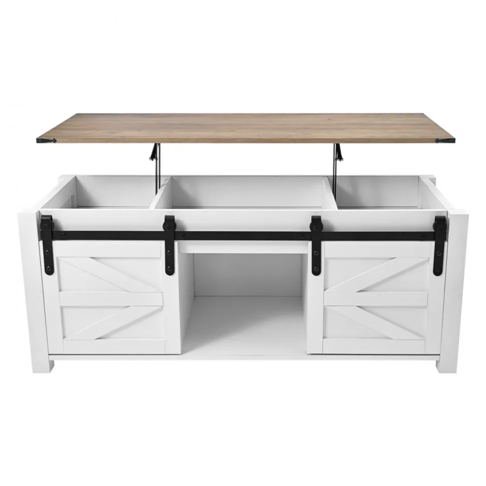VEVOR 47.2 in Farmhouse Lift Top Coffee Table, Rustic Center Table with Barn Door and Hidden Storage Compartment, Modern Rectangle Lifting Tabletop for Living Room, Office, Home, Easy Assembly, White