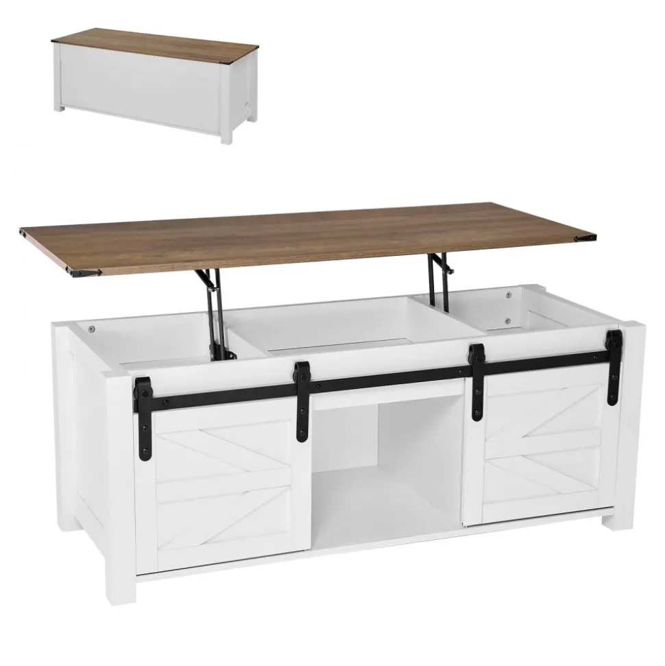 VEVOR 47.2 in Farmhouse Lift Top Coffee Table, Rustic Center Table with Barn Door and Hidden Storage Compartment, Modern Rectangle Lifting Tabletop for Living Room, Office, Home, Easy Assembly, White